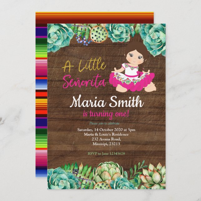 Rustic Mexican Cactus Fiesta 1st Birthday Girl Invitation (Front/Back)