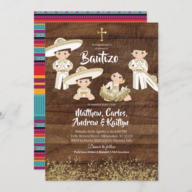 Rustic Mexican Cactus Gold Charro Sibling Bautizo Invitation (Front/Back)