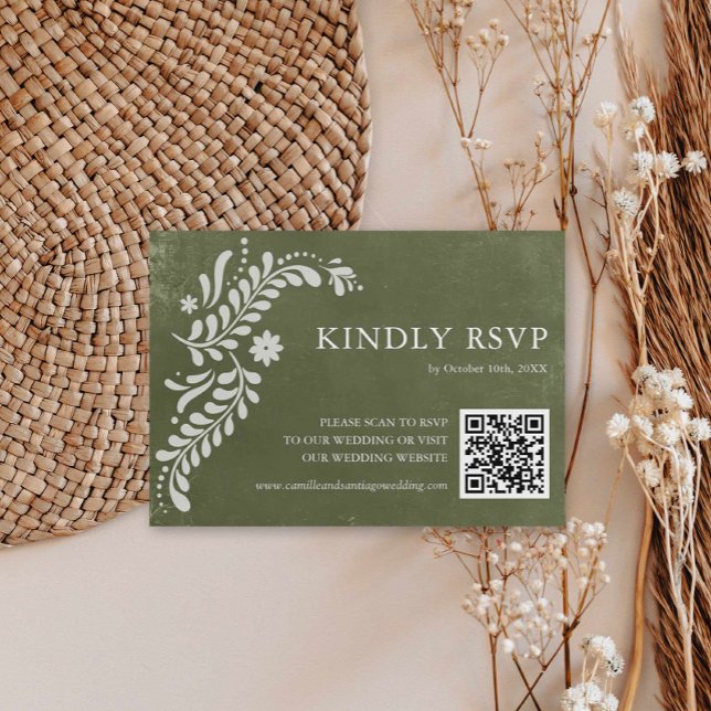 Rustic Mexican Green Wedding QR Code RSVP Card (Mexican Papel Picado Green Wedding RSVP QR Code Card)