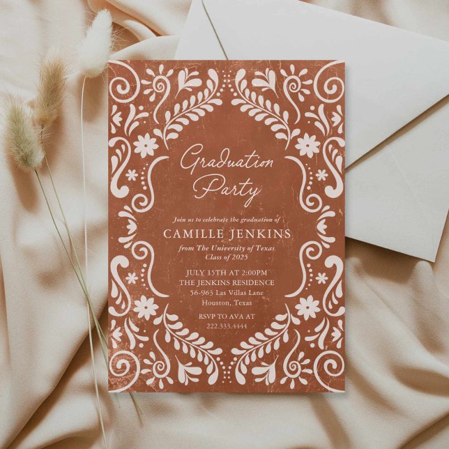 Rustic Mexican Papel Picado Graduation  Invitation (Papel Picado Graduation Party Invitation)