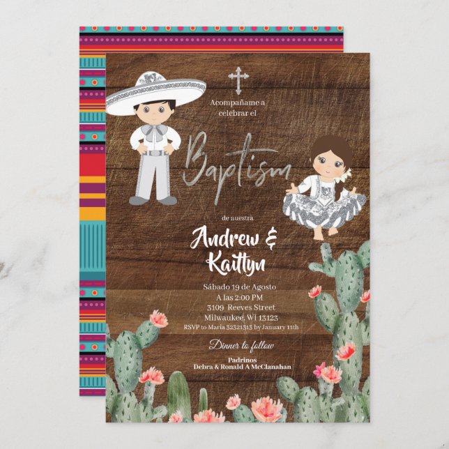 Rustic Mexican Silver Charro Boy Girl Twin Baptism Invitation (Front/Back)