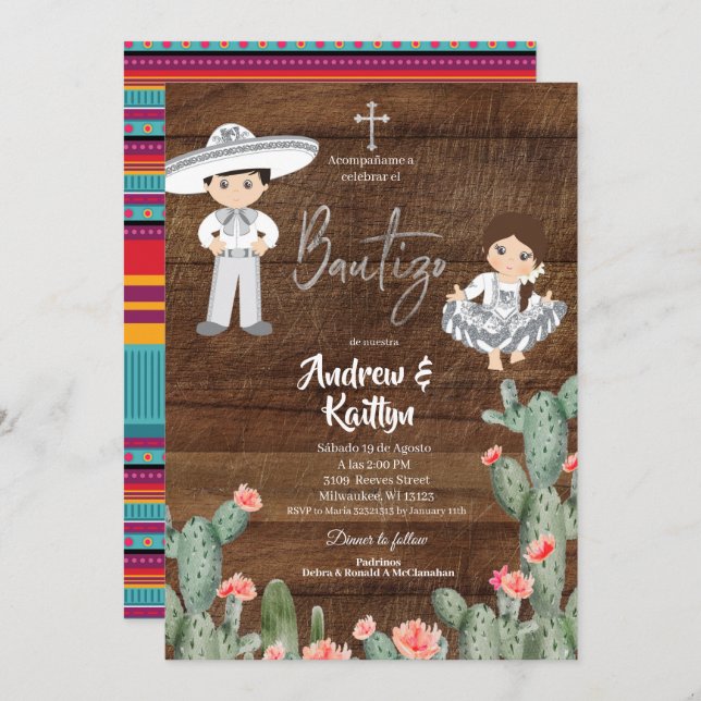 Rustic Mexican Silver Charro Boy Girl Twin Bautizo Invitation (Front/Back)