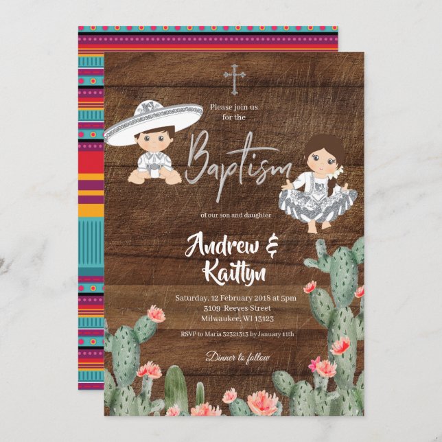 Rustic Mexican Silver Charro Twin Baptism Boy Girl Invitation (Front/Back)