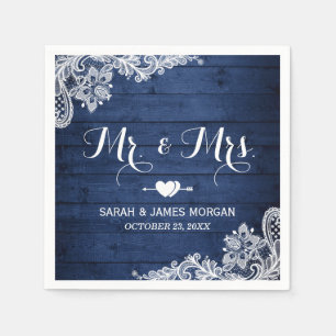 Rustic Midnight Blue Lace Mr. and Mrs. Wedding Napkin