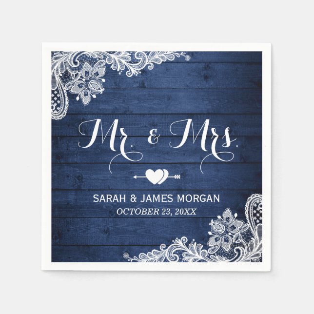 Rustic Midnight Blue Lace Mr. and Mrs. Wedding Napkin (Front)