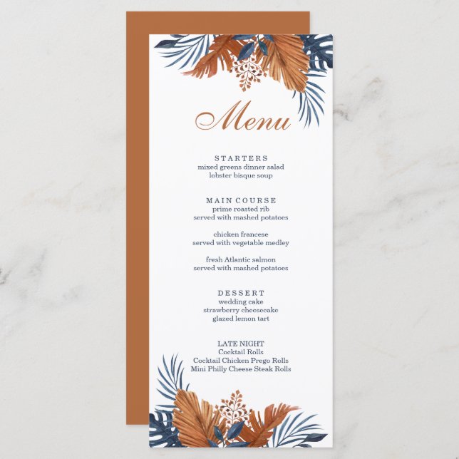 Rustic Midnight Blue Monstera Menu Card (Front/Back)