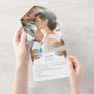 Rustic Midnight Blue Monstera Wedding All In One Invitation