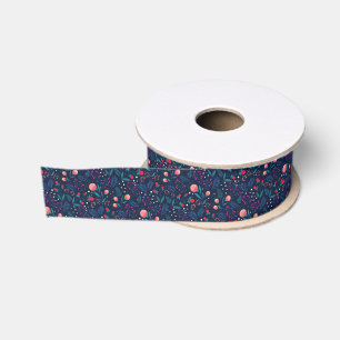 Rustic Midnight Blue Spring Flowers Garden Grosgrain Ribbon