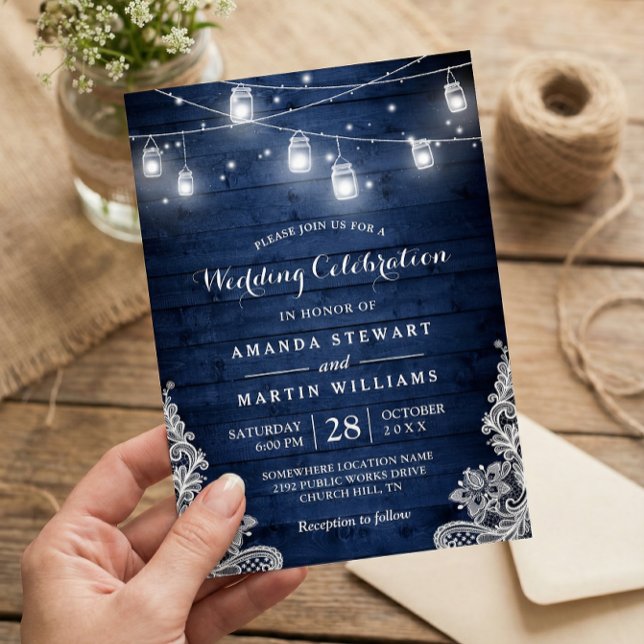 Rustic Midnight Blue String Lights Lace Wedding Invitation (Creator Uploaded)