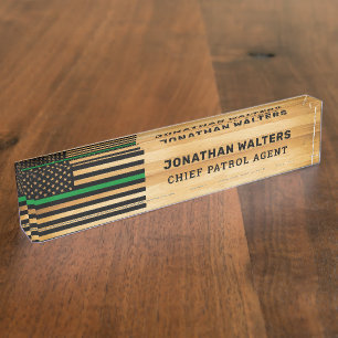 Rustic Military Thin Green Line Flag Wood Desk Nam Nameplate