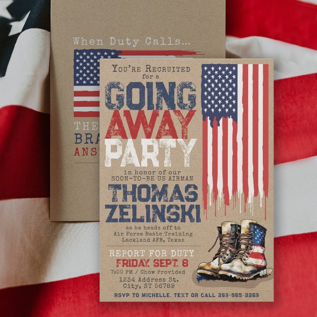 Rustic Military US Flag Going Away Farewell Party Invitation (Rustic military farewell going away party invitation front and back with vintage combat boots & flag)