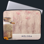 Rustic Milk Can Country Style on Wood Laptop Sleeve<br><div class="desc">Personalised laptop sleeve with a rustic country design. An old rusting milk can with a pretty orange flower. Wheat and faded red poppies in the background set against a faint wood panel. Wood is just an image,  not real.</div>