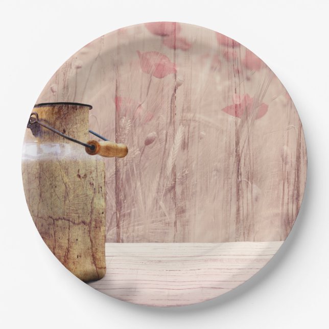 Rustic Milk Can Country Style on Wood Paper Plate (Front)
