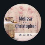 Rustic Milk Can Country Wedding Date Magnet<br><div class="desc">Wedding commemorative / save the date magnet with your personalised names and wedding date. Designed with a rustic country theme. An old rusting milk can with wheat and faded red flowers in the background set against a faint wood panel.</div>