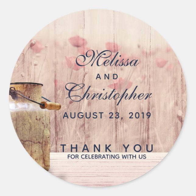 Rustic Milk Can Country Wedding Thank You Classic Round Sticker (Front)