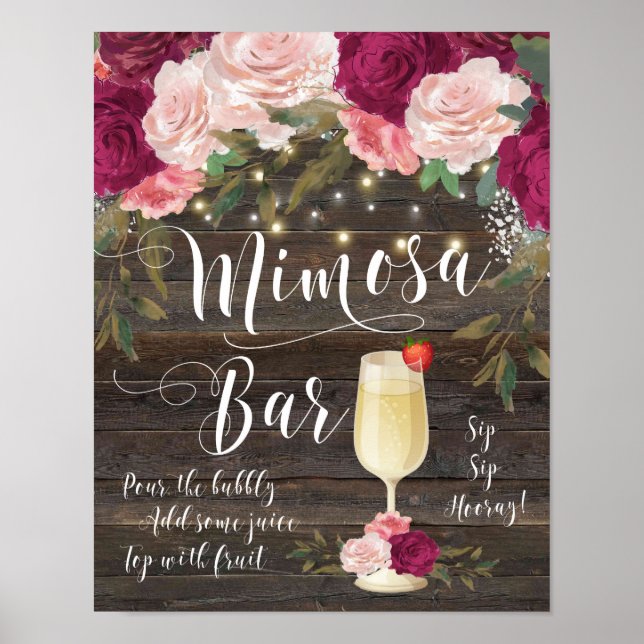 Rustic Mimosa Bar Wedding Sign Burgundy Pink (Front)