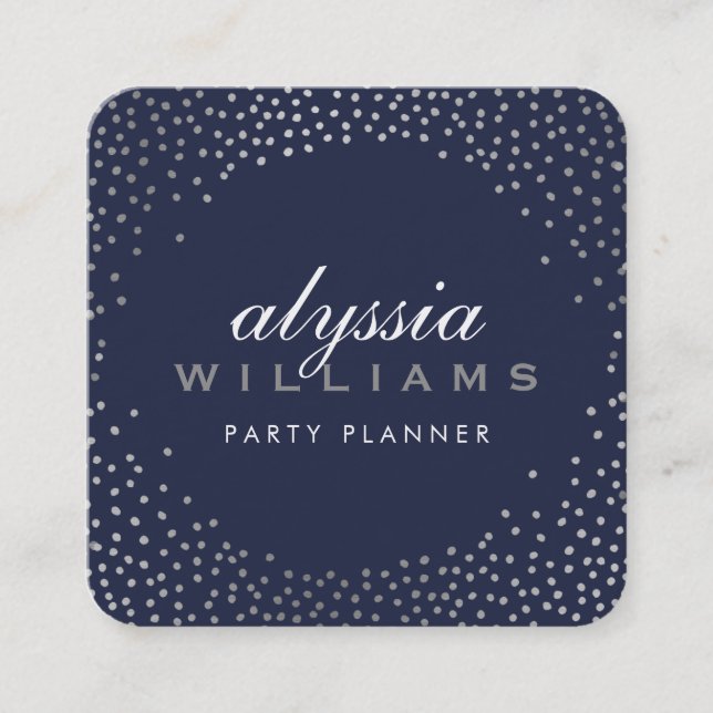 RUSTIC MINI CONFETTI cute luxe navy blue silver Square Business Card (Front)