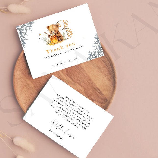 Rustic Minimal bear honey 3rd birthday thankyou Thank You Card (Creator Uploaded)