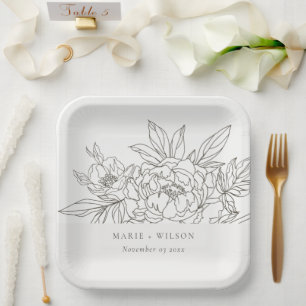 Rustic Minimal Elegant Brown Floral Sketch Wedding Paper Plate