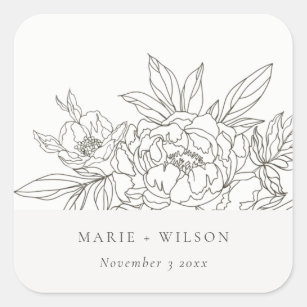 Rustic Minimal Elegant Brown Floral Sketch Wedding Square Sticker