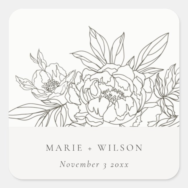 Rustic Minimal Elegant Brown Floral Sketch Wedding Square Sticker (Front)
