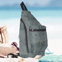Rustic Minimal Monogram Aeroplane Black Gold Trave Sling Bag