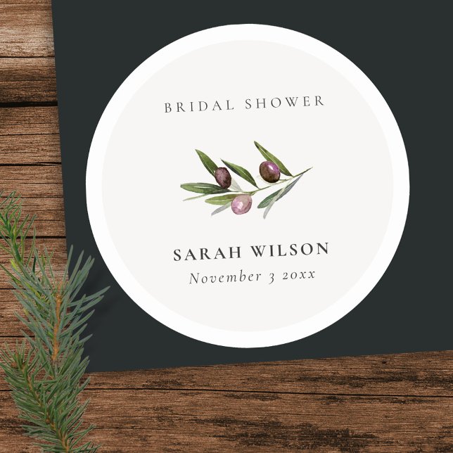 Rustic Minimal Olive Branch Foliage Bridal Shower Classic Round Sticker (Creator Uploaded)
