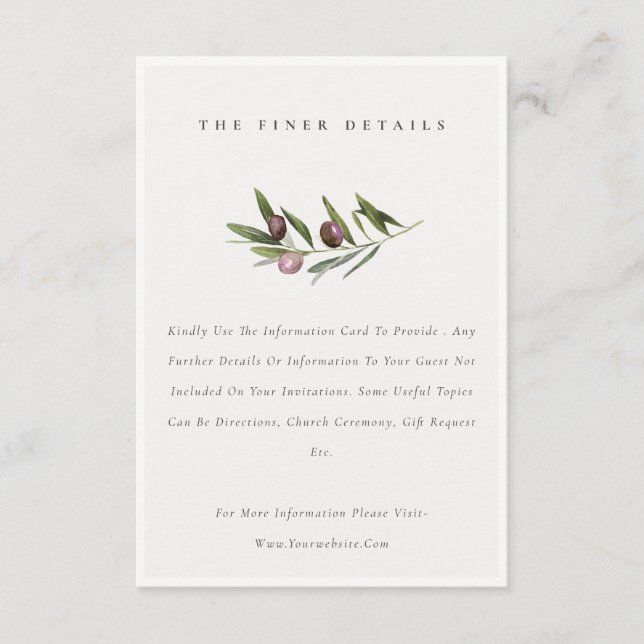 Rustic Minimal Olive Branch Foliage Wedding Detail Enclosure Card (Front)