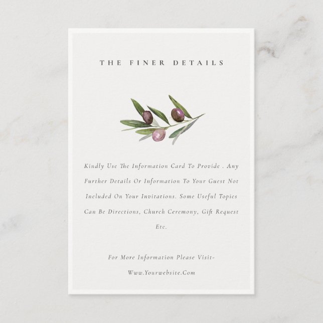 Rustic Minimal Olive Branch Foliage Wedding Detail Enclosure Card (Front)