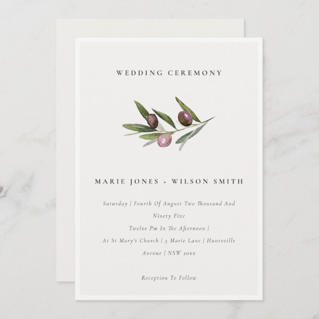Rustic Minimal Olive Branch Foliage Wedding Invite (Front/Back)