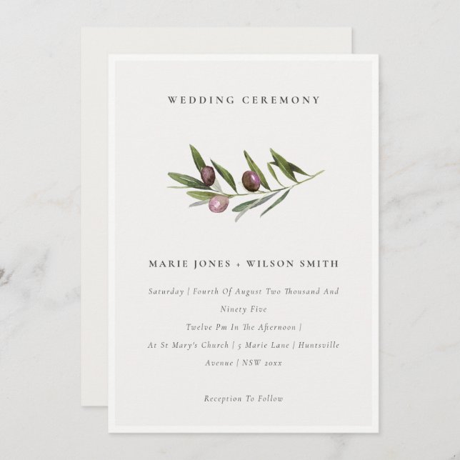 Rustic Minimal Olive Branch Foliage Wedding Invite (Front/Back)