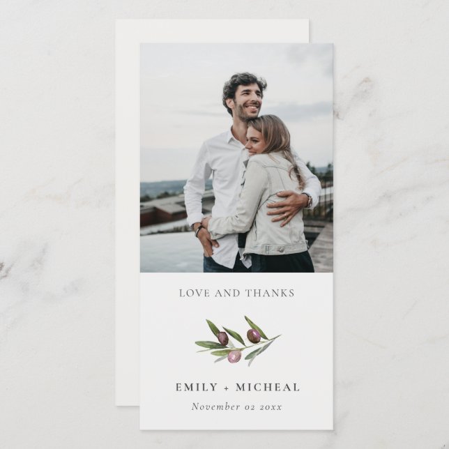 Rustic Minimal Olive Branch Foliage Wedding Photo Thank You Card (Front/Back)
