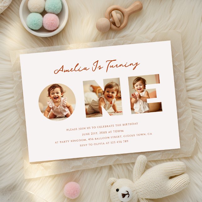 Rustic Minimal Script Photo Collage First Birthday Invitation (Creator Uploaded)