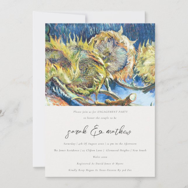 Rustic Minimal Script Yellow Sunflower Engagement Invitation (Front)