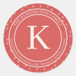 Rustic Minimal Winter Red Monogram Return Address Classic Round Sticker