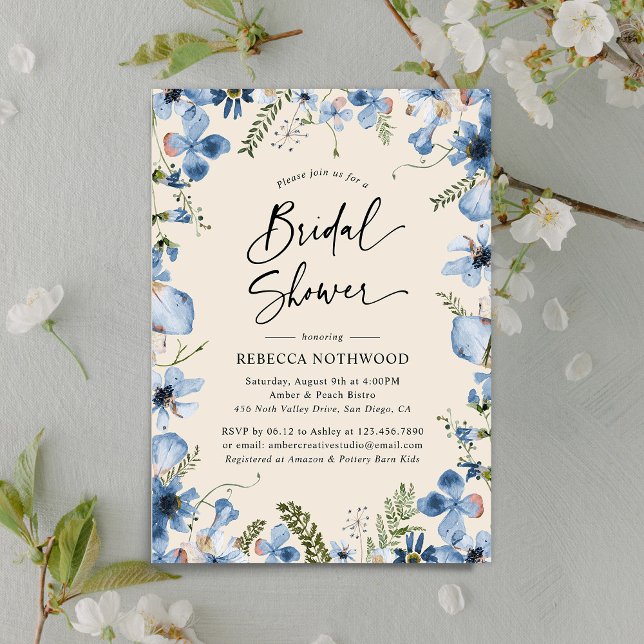 Rustic Minimalist Dusky Blue Florals Bridal Shower Invitation (Creator Uploaded)