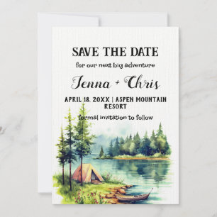 Rustic Minimalist Forest Lake Canoe Save the Date Invitation