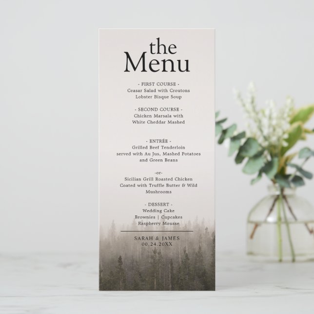 Rustic Minimalist Forest Misty Landscape Dinner Menu (Standing Front)
