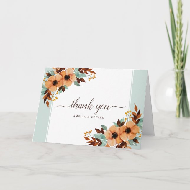 Rustic Mint and Brown Floral Wedding Thank You Card (Front)