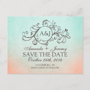 Rustic Mint and Peach Bohemian Save The Date Announcement Postcard