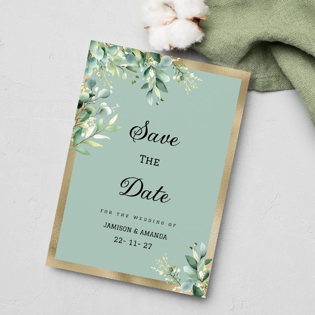 Rustic mint gold eucalyptus leaves Save The Date Invitation (Rustic mint gold eucalyptus leaves Save The Date )