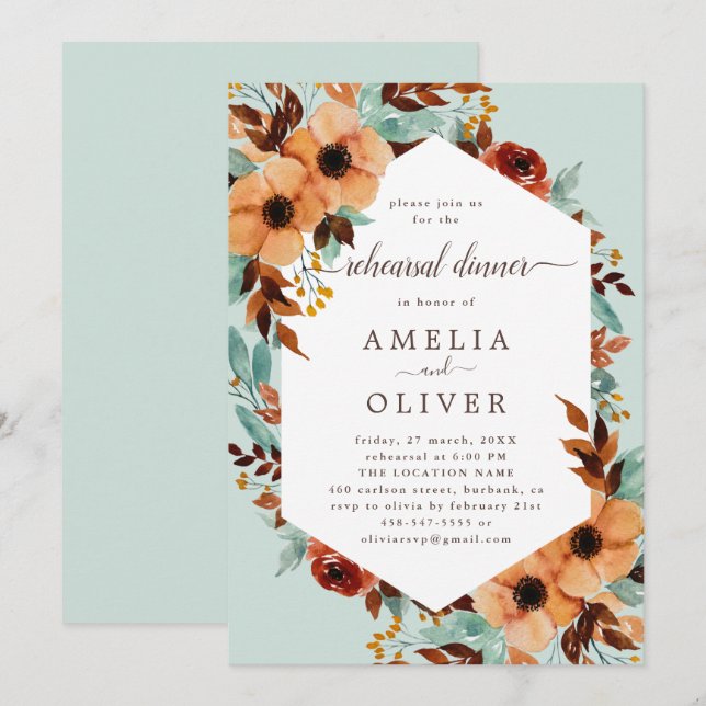 Rustic Mint Green Botanical Rehearsal Dinner Invitation (Front/Back)