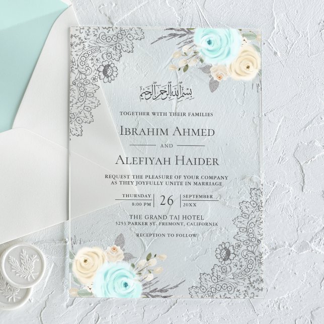 Rustic Mint Green Floral Lace Muslim Wedding Acrylic Invitations (Creator Uploaded)