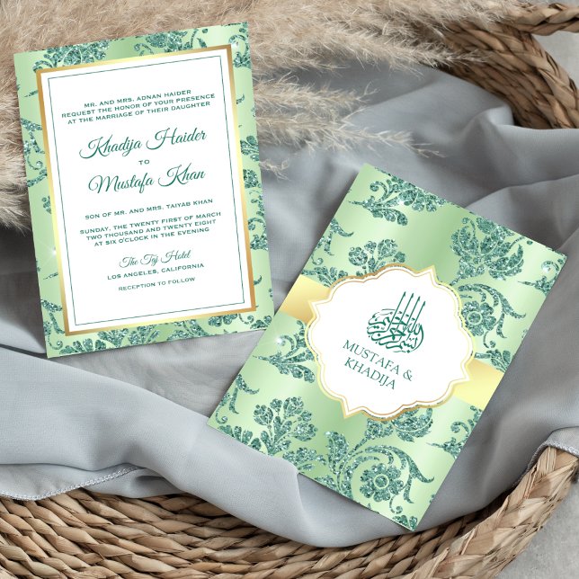 Rustic Mint Green Glitter Filigree Muslim Wedding Invitation (Creator Uploaded)