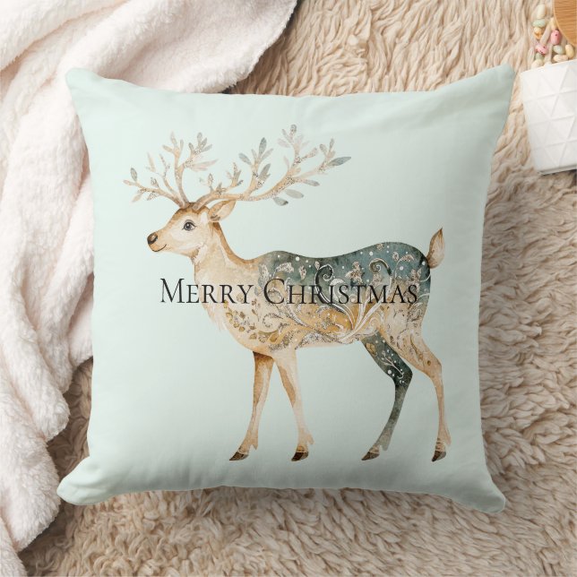 Rustic Mint Green Gold Cream Christmas Deer Cushion (Blanket)