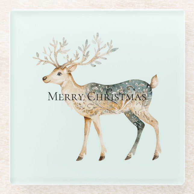 Rustic Mint Green Gold Cream Christmas Deer Glass Coaster (Front)