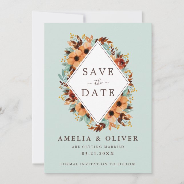 Rustic Mint Green Watercolor Floral Save The Date (Front)