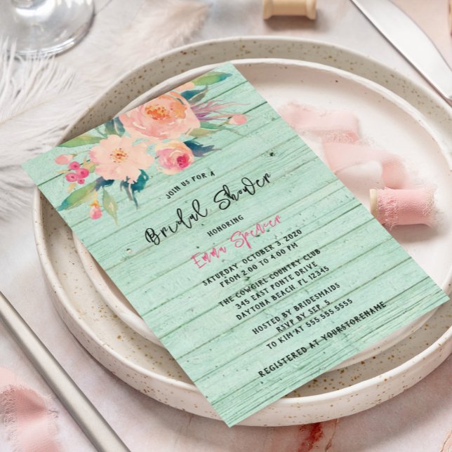 Rustic Mint Green Wood Watercolor Floral Invitation (Creator Uploaded)