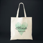 Rustic mint heart bridesmaid tote bags for wedding<br><div class="desc">Personalised bridesmaid tote bag with vintage mint green watercolor heart. Romantic love symbol water colour painting design with elegant script calligraphy typography. Cute gift idea for stylish bride to be and bride's entourage. Personalise this pretty template for brides crew / team. Create your own for trendy brides maids, maid of...</div>