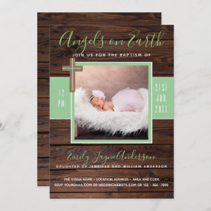 Rustic Mint   PHOTO BAPTISM Invite Elegant Wood